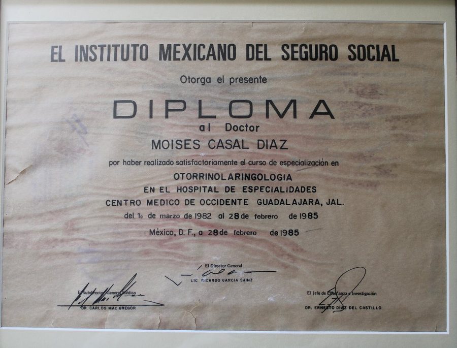 Diploma del IMSS por el curso de especialización en Otorrinolaringología, 1982 a 1985