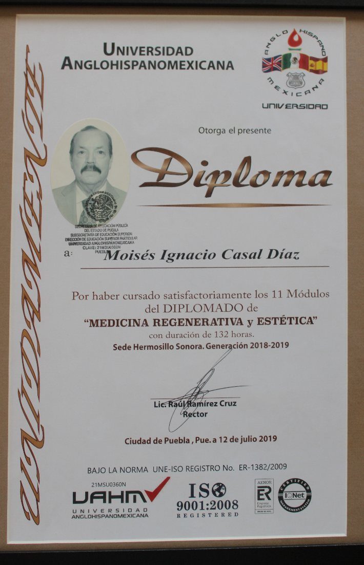Diploma del Diplomado en Medicina Regenerativa y Estética, generación 2018-2019